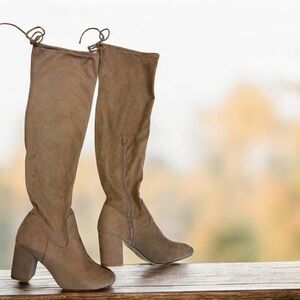 JUSTFAB Adina Over The Knee Block Heel Suede Boot sz 7.5 GUC Taupe Tan Ankle Zip